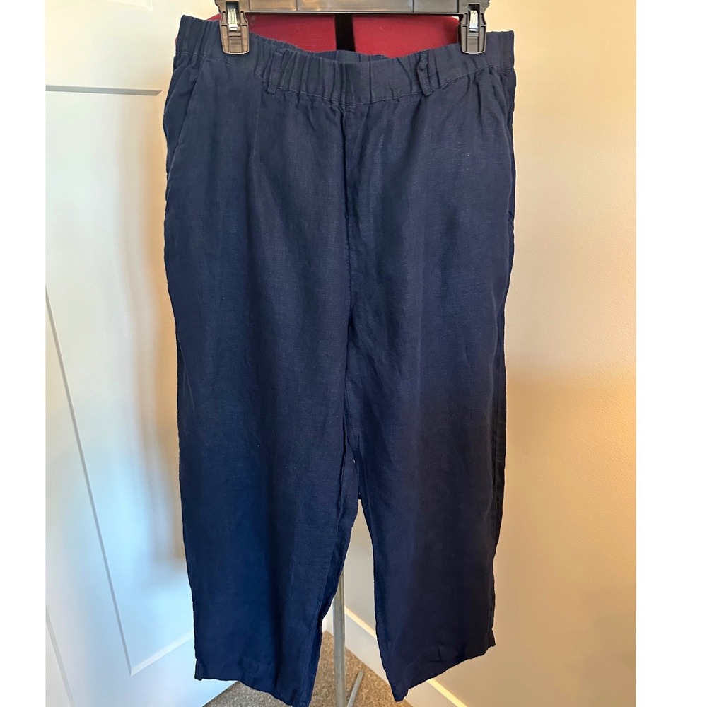 Quince Womens Navy 100% European Linen Elastic Waist Straight Leg Pants Large